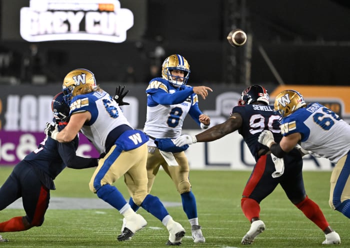 Nov 19, 2023; Hamilton, Ontario, CAN; Winnipeg Blue Bombers quarterback Zach Collaros (8) throws a pass against the Montreal Alouettes in the first half at Tim Hortons Field. Mandatory Credit: Dan Hamilton-USA TODAY Sports